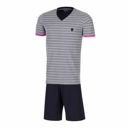 Pyjama court EDEN PARK E524E98 Haut Gris Ray Unis Bas Uni Marine - Marine